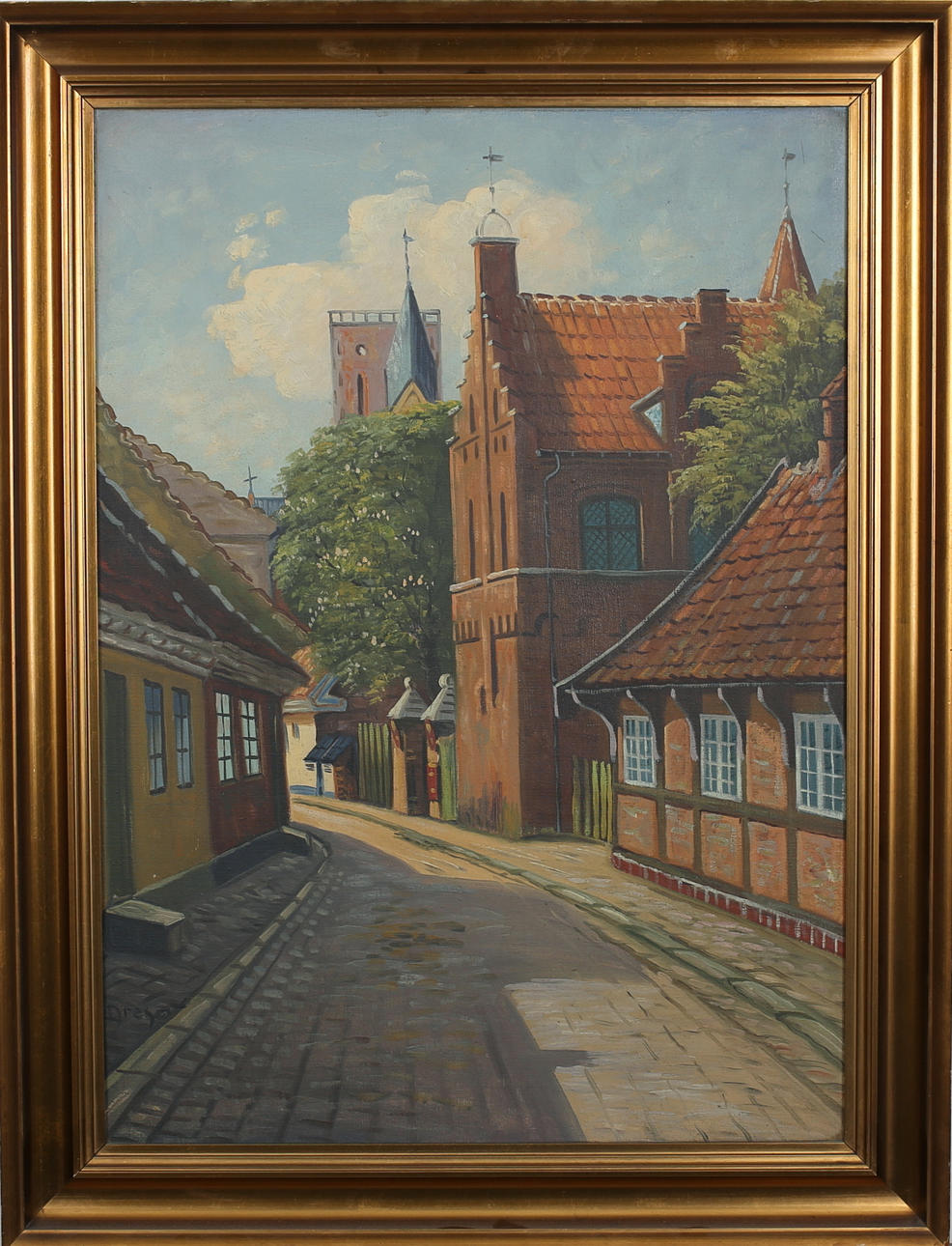 OIDENTIFIERAD KONSTNÄR. Dansk gatubild. Olja på duk Otydlig signatur.