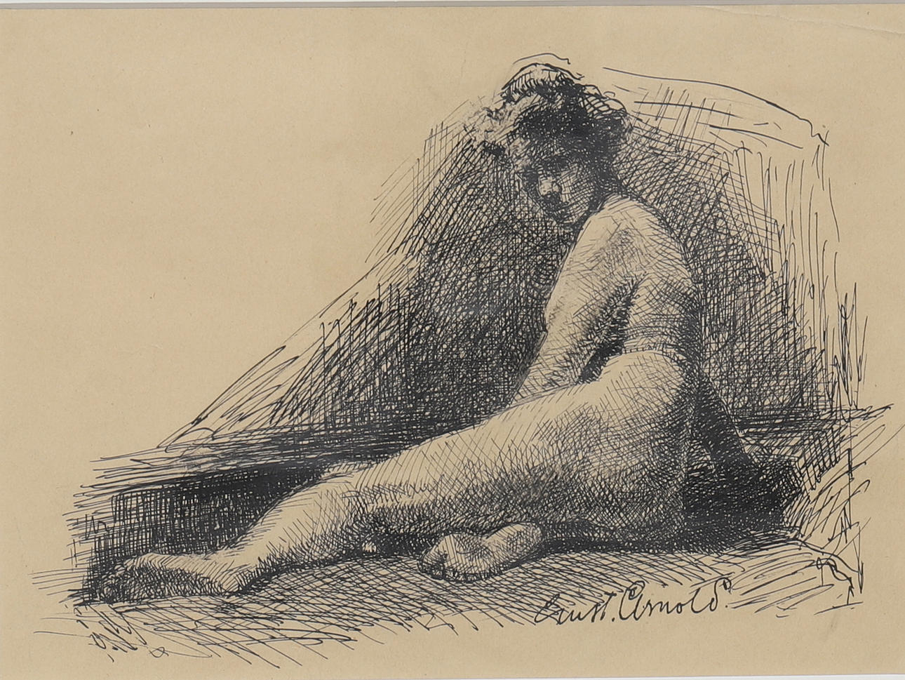 GUSTAF ARNOLD. dibujo, mujer posando, firmado.