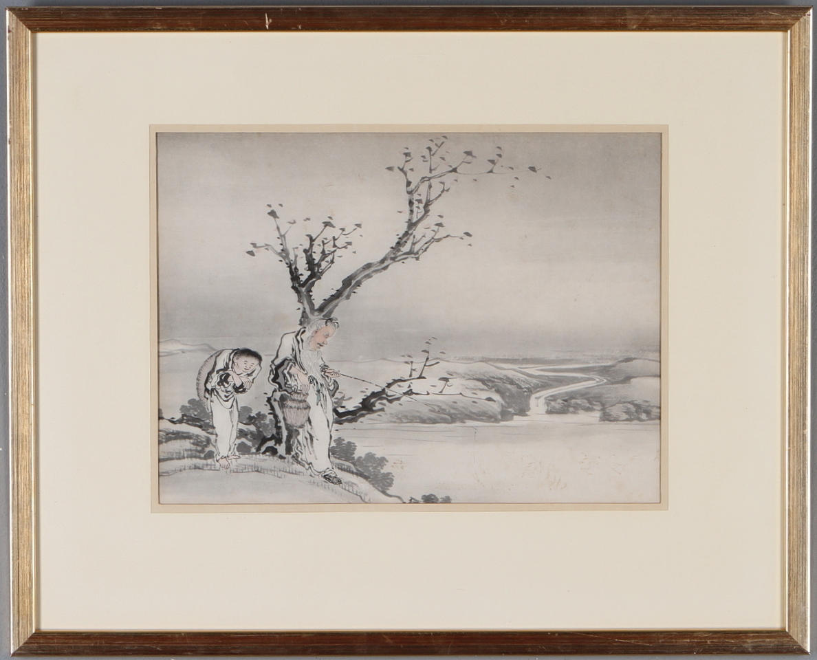 OKÄND KONSTNÄR. Landskapsmotiv med fiskare, blandteknik, Kina eller Japan.