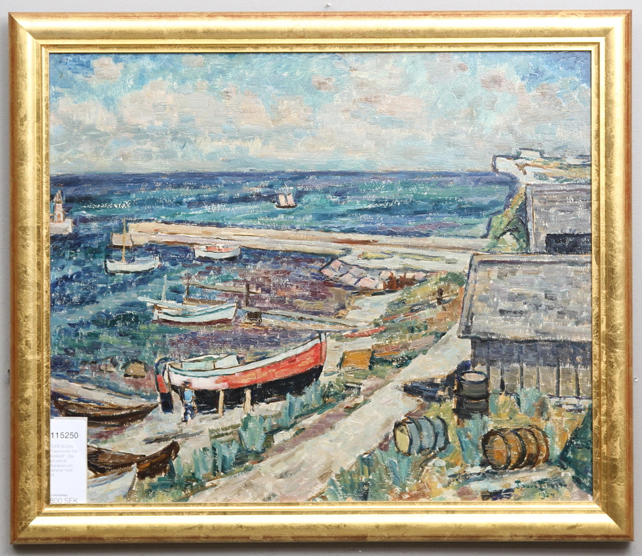 TURE BOSIN. "Hamnmotiv från Gotland". Olja på pannå. Signerad och daterad 1934.