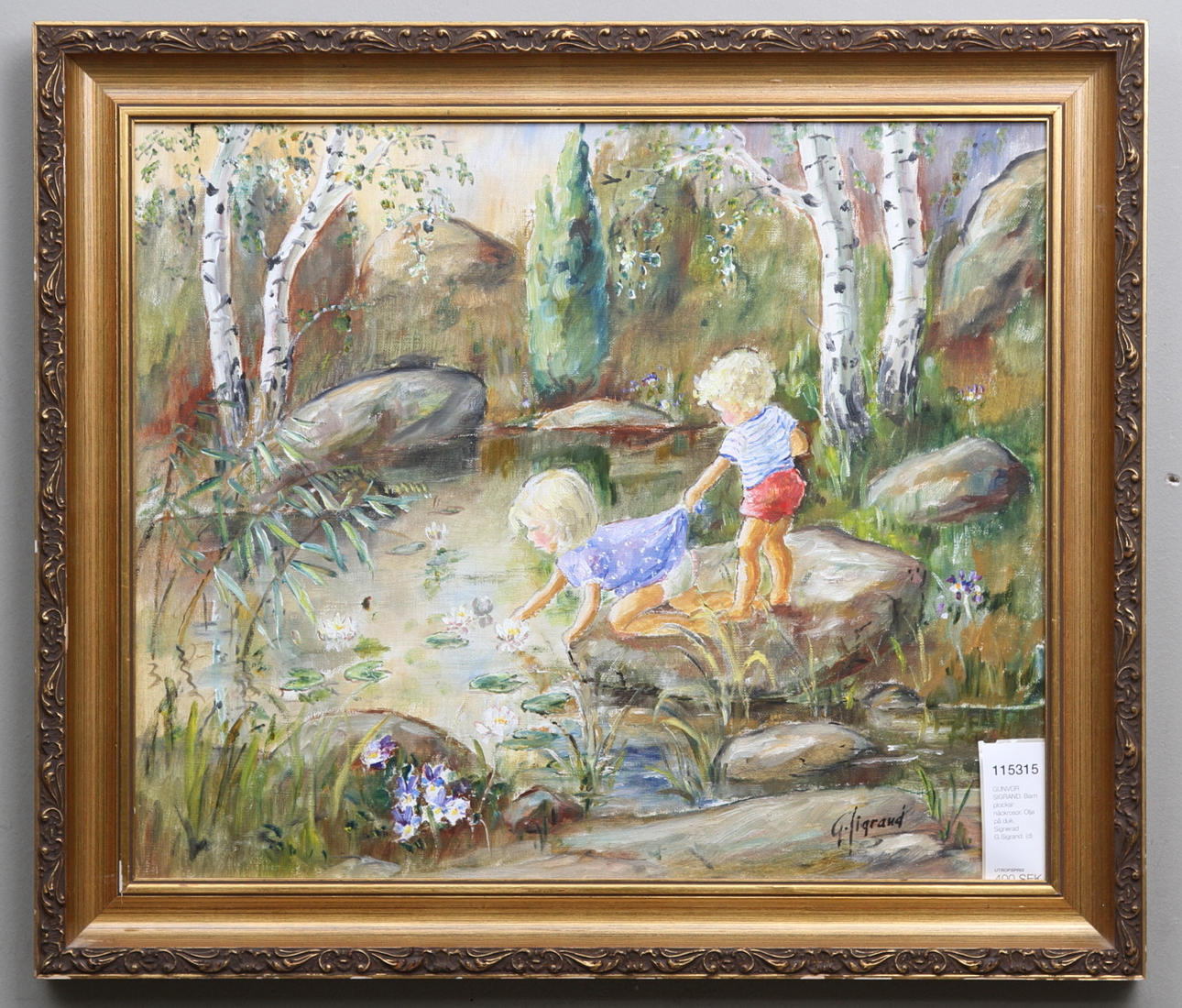 GUNVOR SIGRAND. Barn plockar näckrosor. Olja på duk. Signerad G.Sigrand.