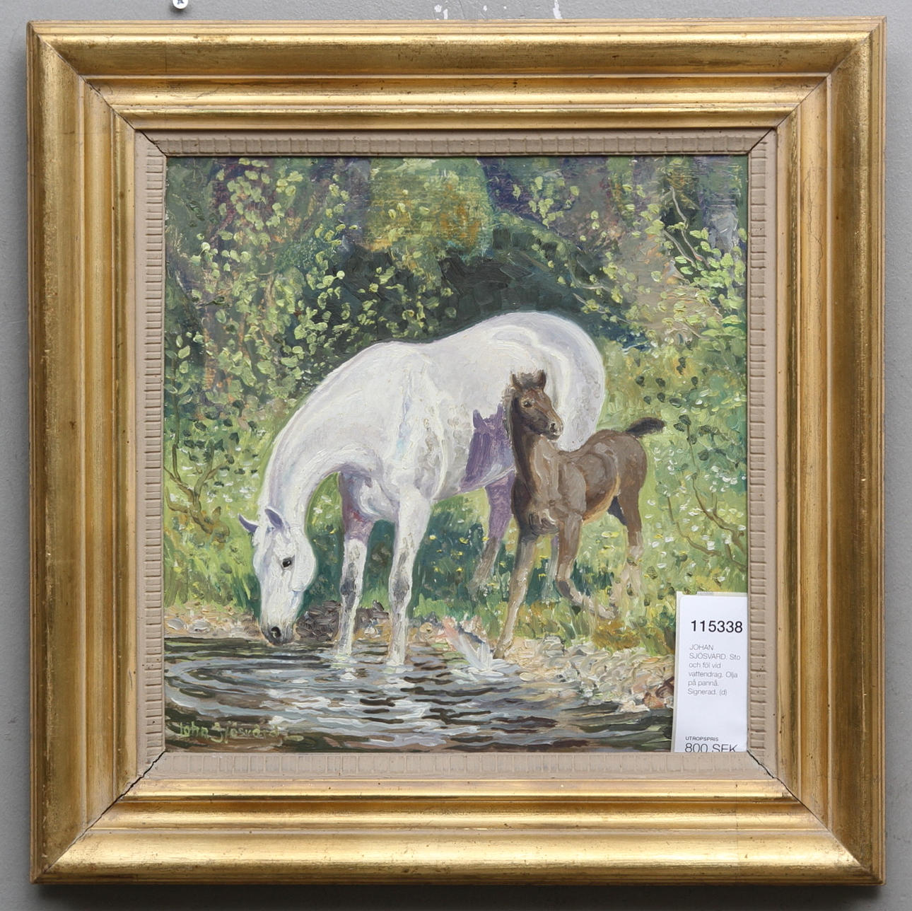 JOHAN SJÖSVÄRD. Sto och föl vid vattendrag. Olja på pannå. Signerad.