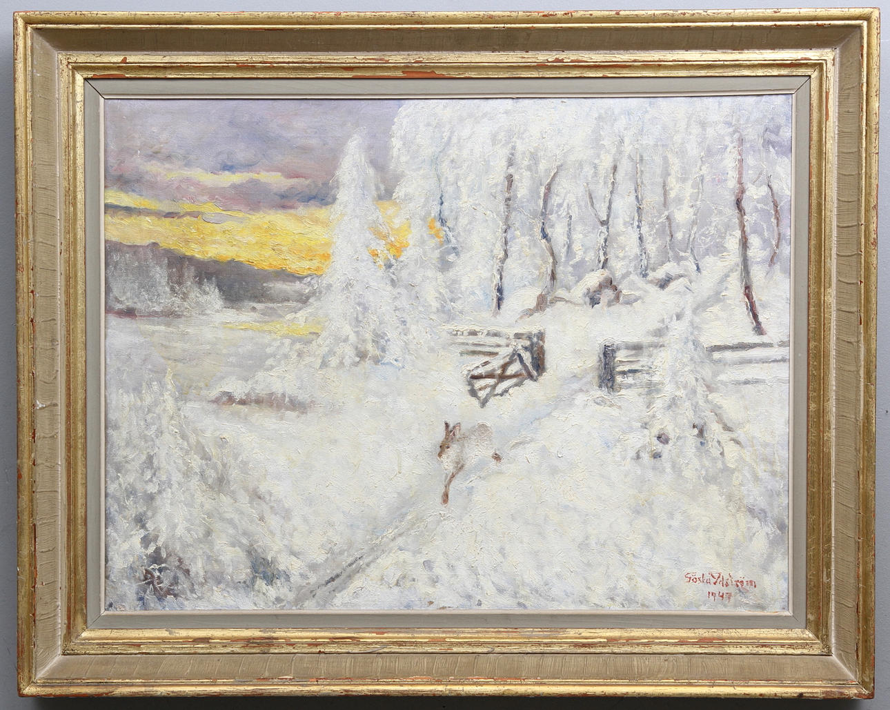 GÖSTA YDSTRÖM. Vinterlandskap med hare. Olja på duk. Signerad och daterad 1947.
