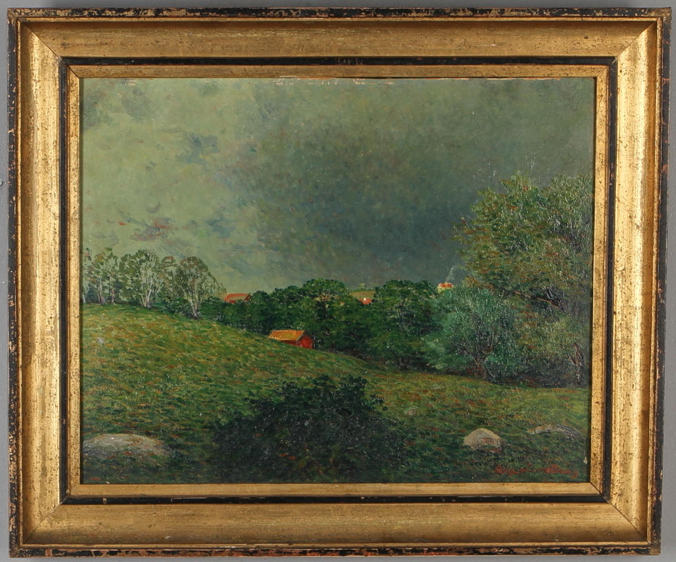 AUGUST LUNDBERG. Landskap med hus, olja på pannå, signerad.
