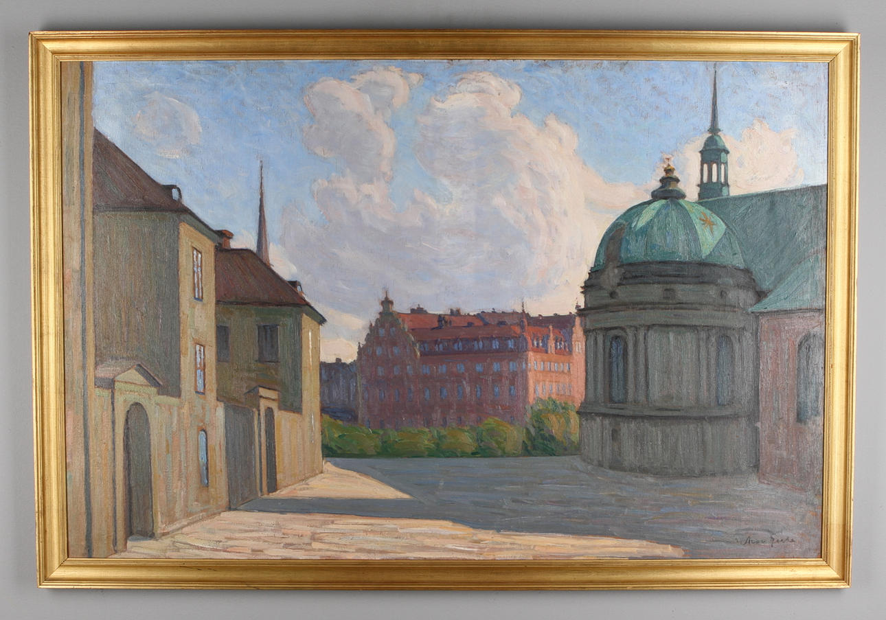 ARON GERLE. Motiv från Riddarholmen. olja på pannå, signerad.