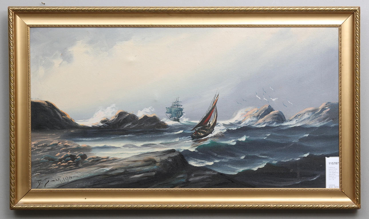 THERESIA SANDSTRÖM. Stormigt hav med segelfartyg. Olja på duk. Signerad Th S-M och daterad 1911.