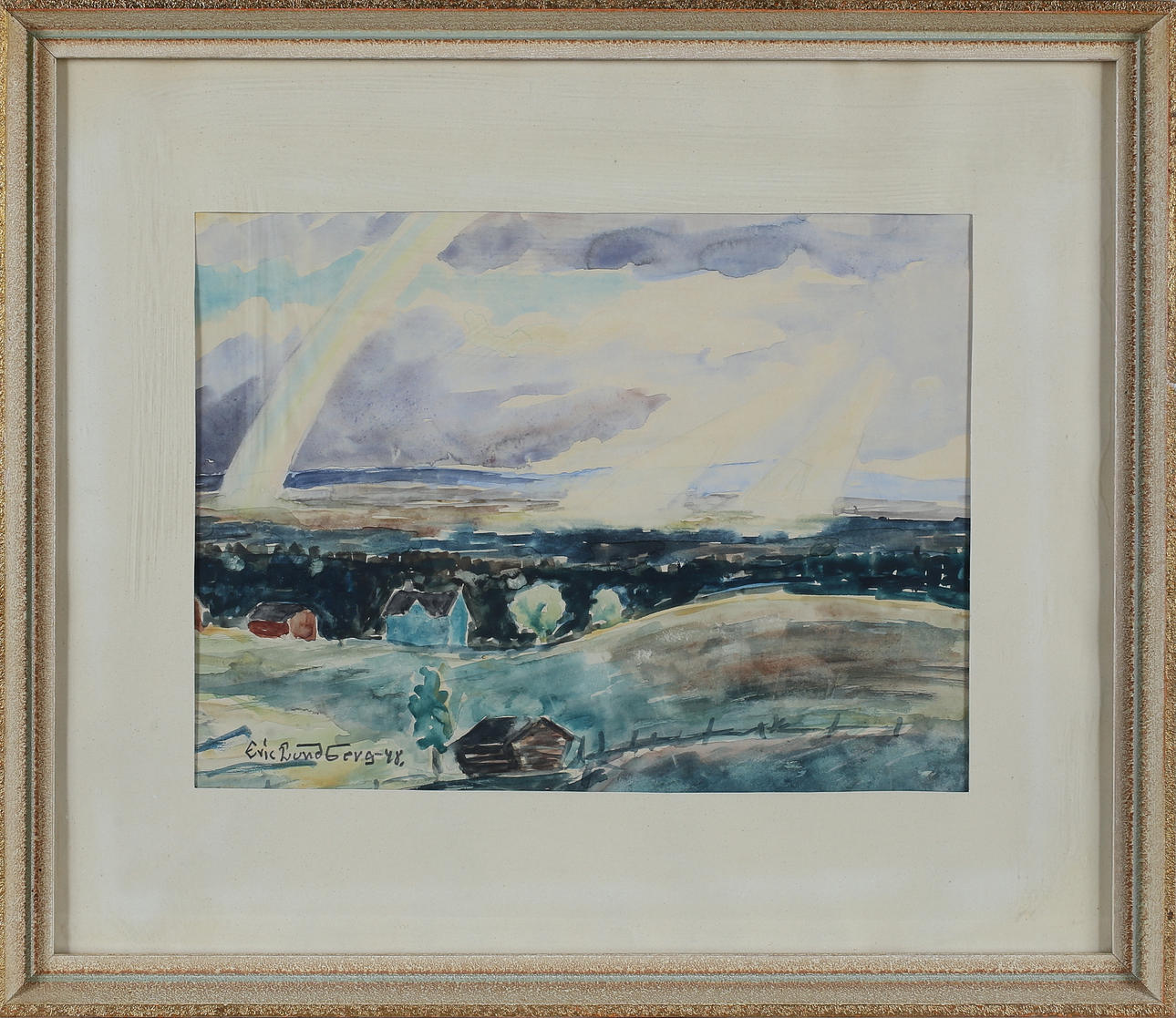 ERIC LUNDBERG. Watercolour, landscape with rainbow, signed and dated 48.