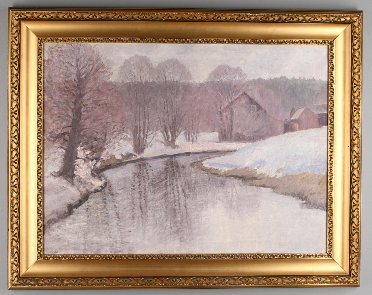 PER AUGUST SUNDBERG. Vinterlanskap med hus. olja på duk, signerad.