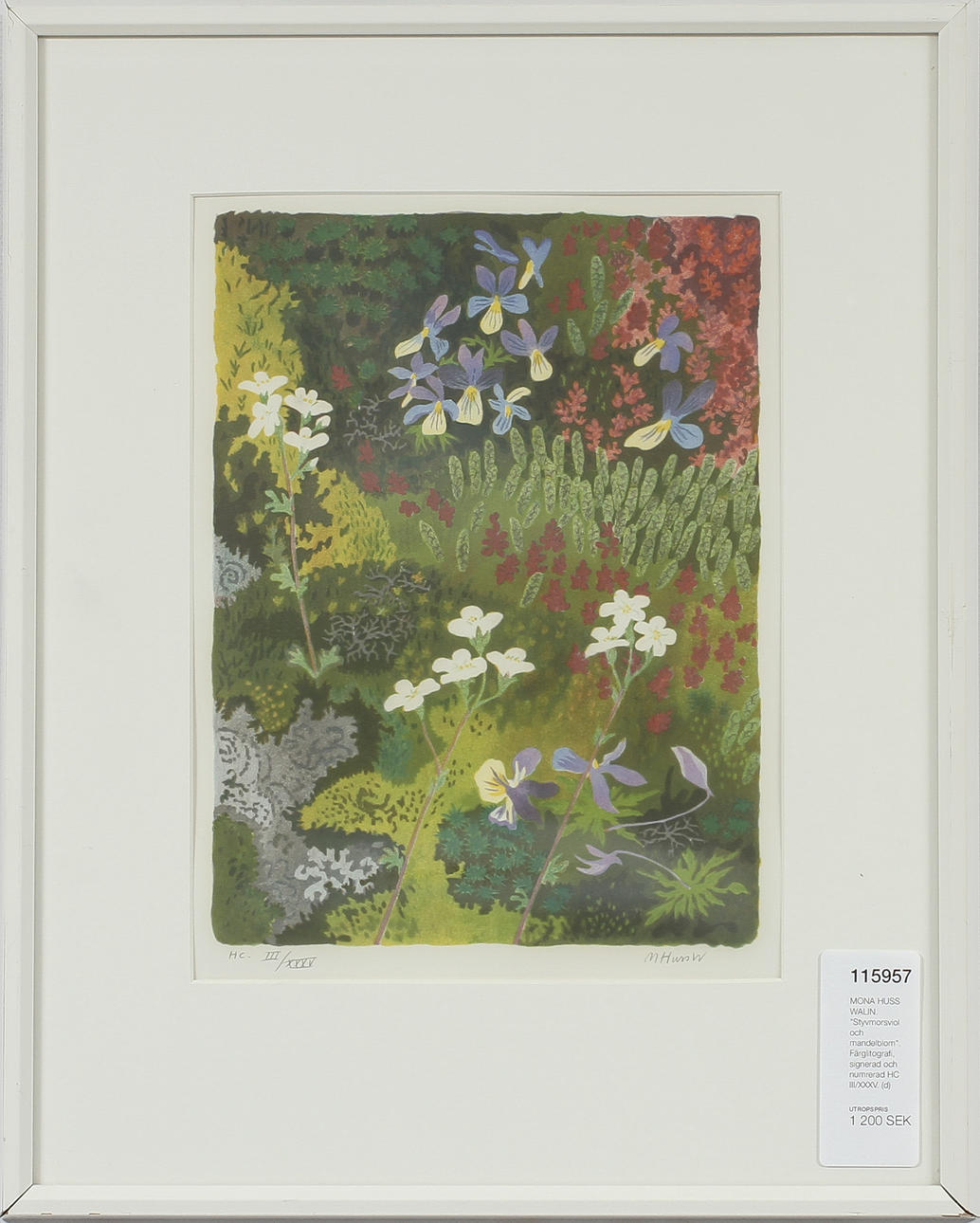 MONA HUSS WALIN. "Styvmorsviol och mandelblom". Färglitografi, signerad och numrerad HC III/XXXV.