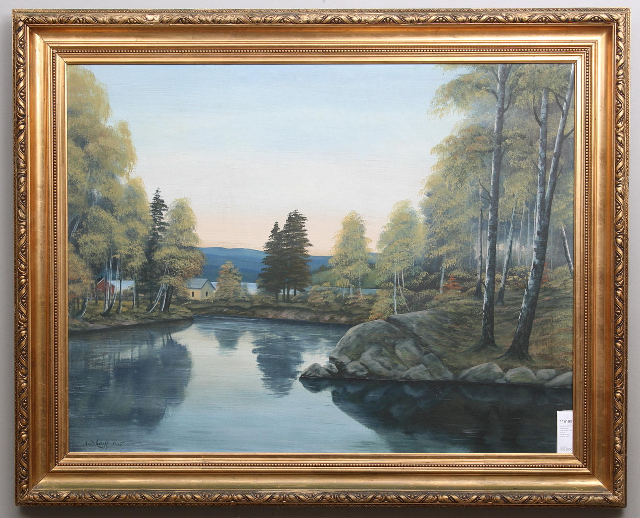 ARVID LINDOFF. Sjölandskap med stugor. Olja på duk. Signerad och daterad 1905.