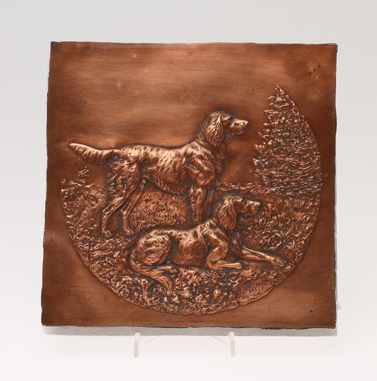 OSKAR PFLUG. relief i koppar, jakthundar, signerad och daterad 98.