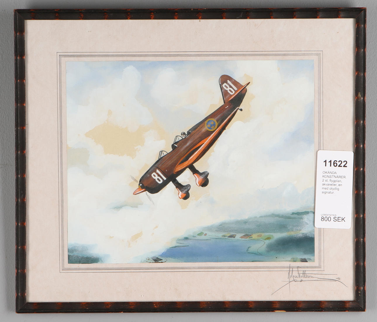 OKÄNDA KONSTNÄRER. 2 st, flygplan, akvareller, en med otydlig signatur.