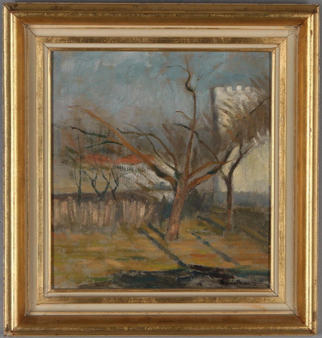 SVEN SAHLSTEN. Motiv av träd, olja på pannå, signerad.