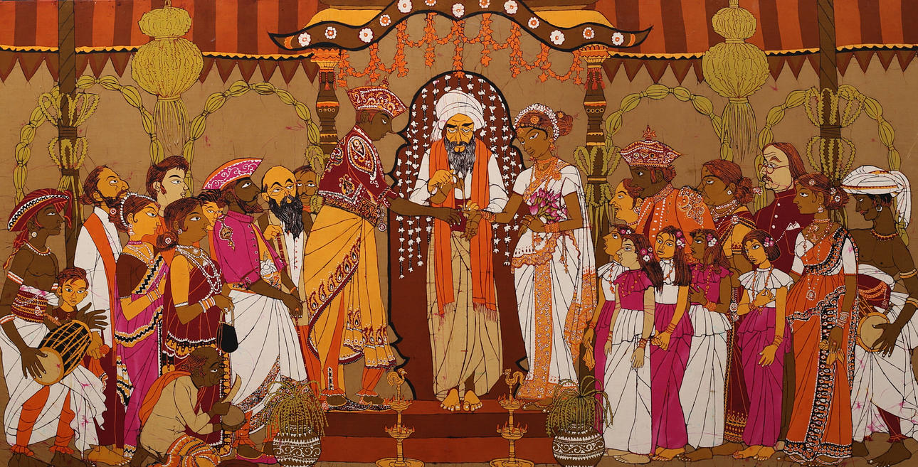 VIPULA DHARMAWARDENA. Hochzeitsszene, Batik, signiert Vipula.