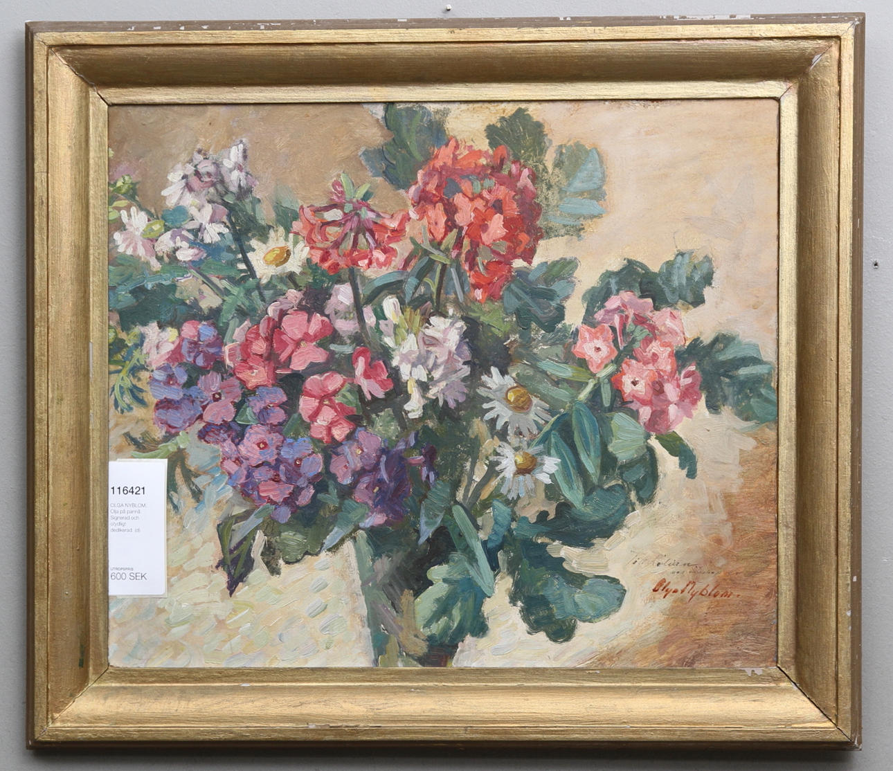 OLGA NYBLOM. Olja på pannå. Signerad och otydligt dedikerad.