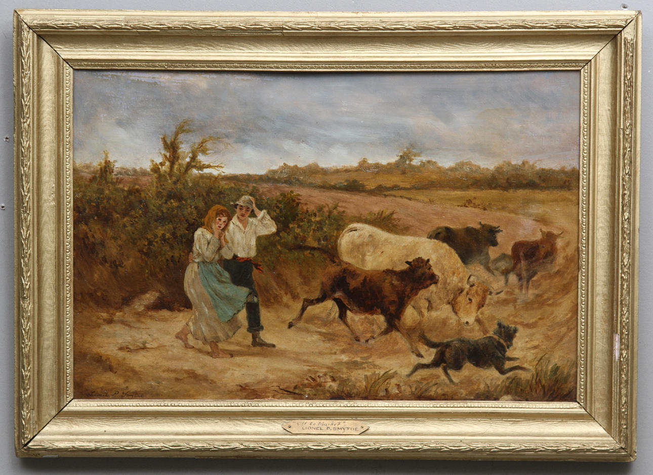 OKÄND KONSTNÄR. "Off to the market". 1800-talets slut. Olja på duk. bär signatur Lionel P. Smythe.