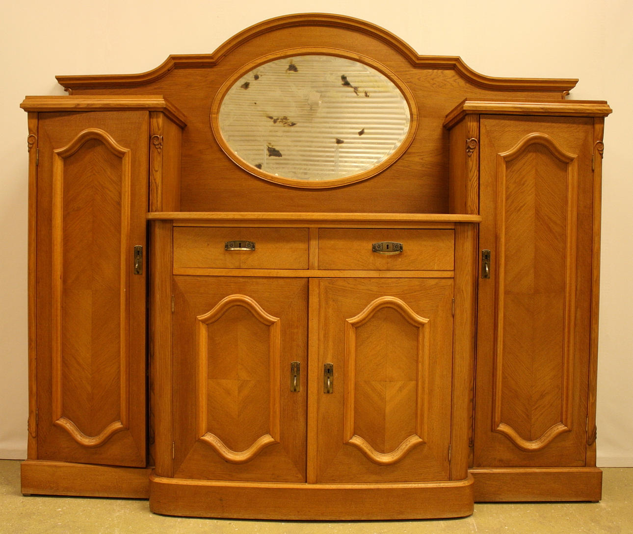 SPEGELBYRÅ/SKÅP, ek, jugend, slipat glas, fyra delar.