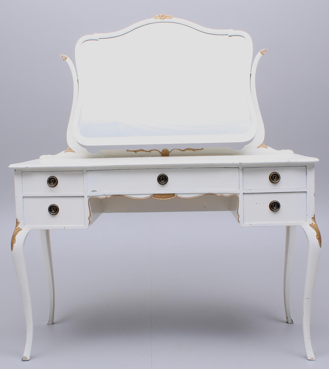 SMINKBORD, ek/vit, 5-lådig, slipat glas, rokokostil.