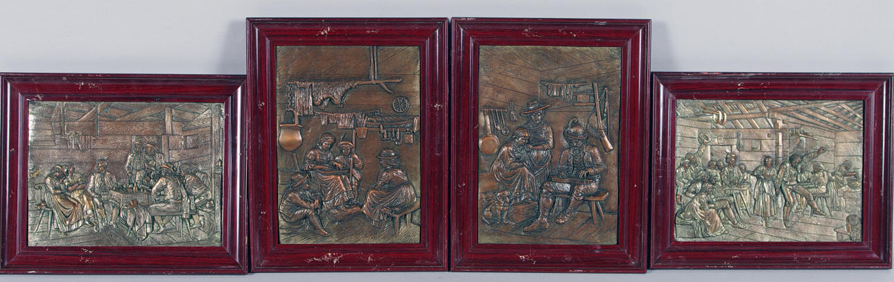 VÄGGPLAKETTER, 4 stycken, bronserad metall i relieff.