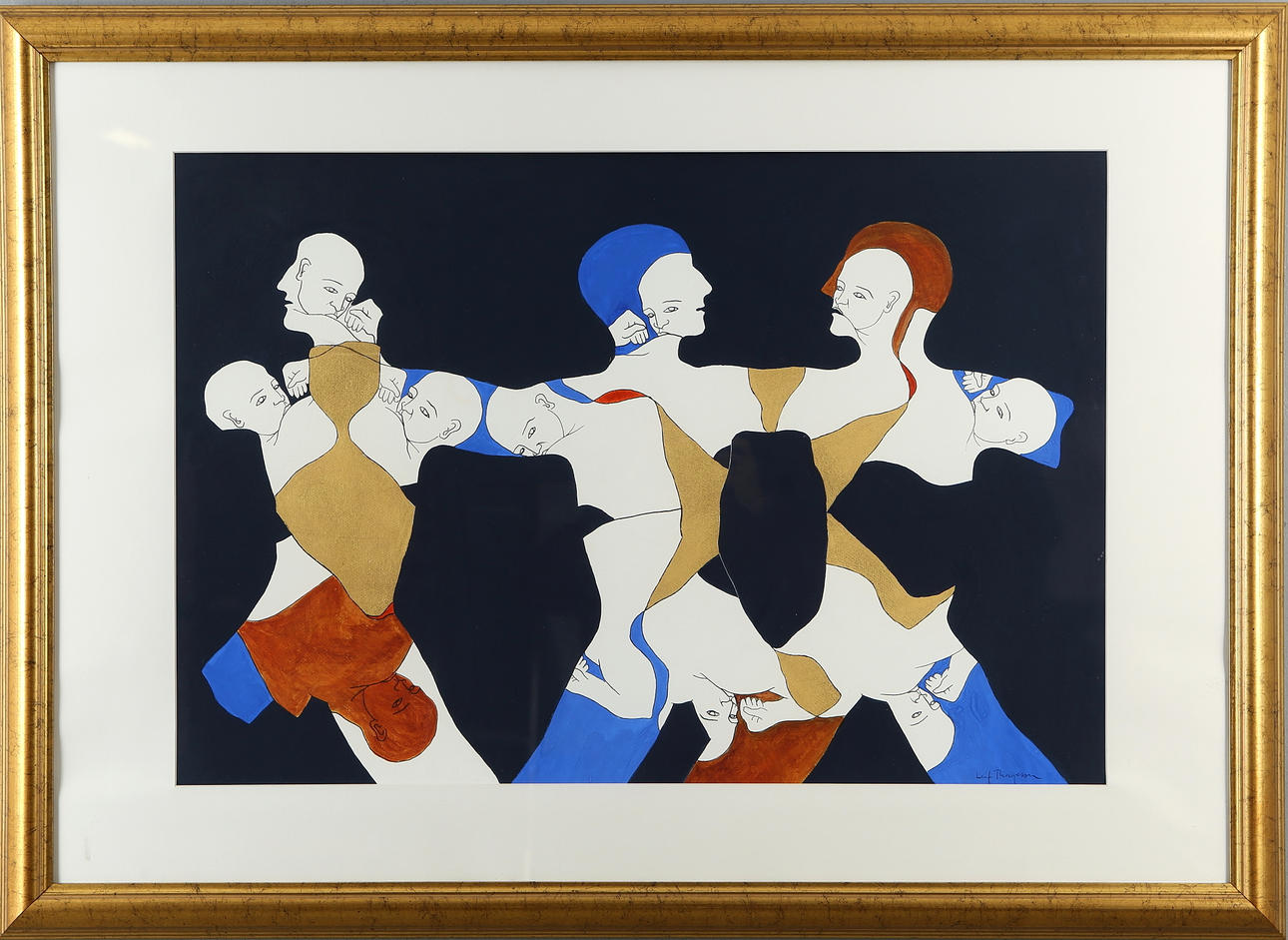 LEIF THAGESON. Composition with figures, mixed media, signed.
