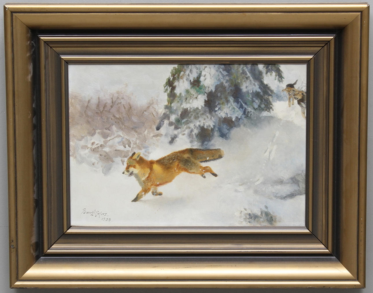 BRUNO LILJEFORS. Olja på duk, "jakthundar och räv", signerad Bruno Liljefors och daterad 1938.