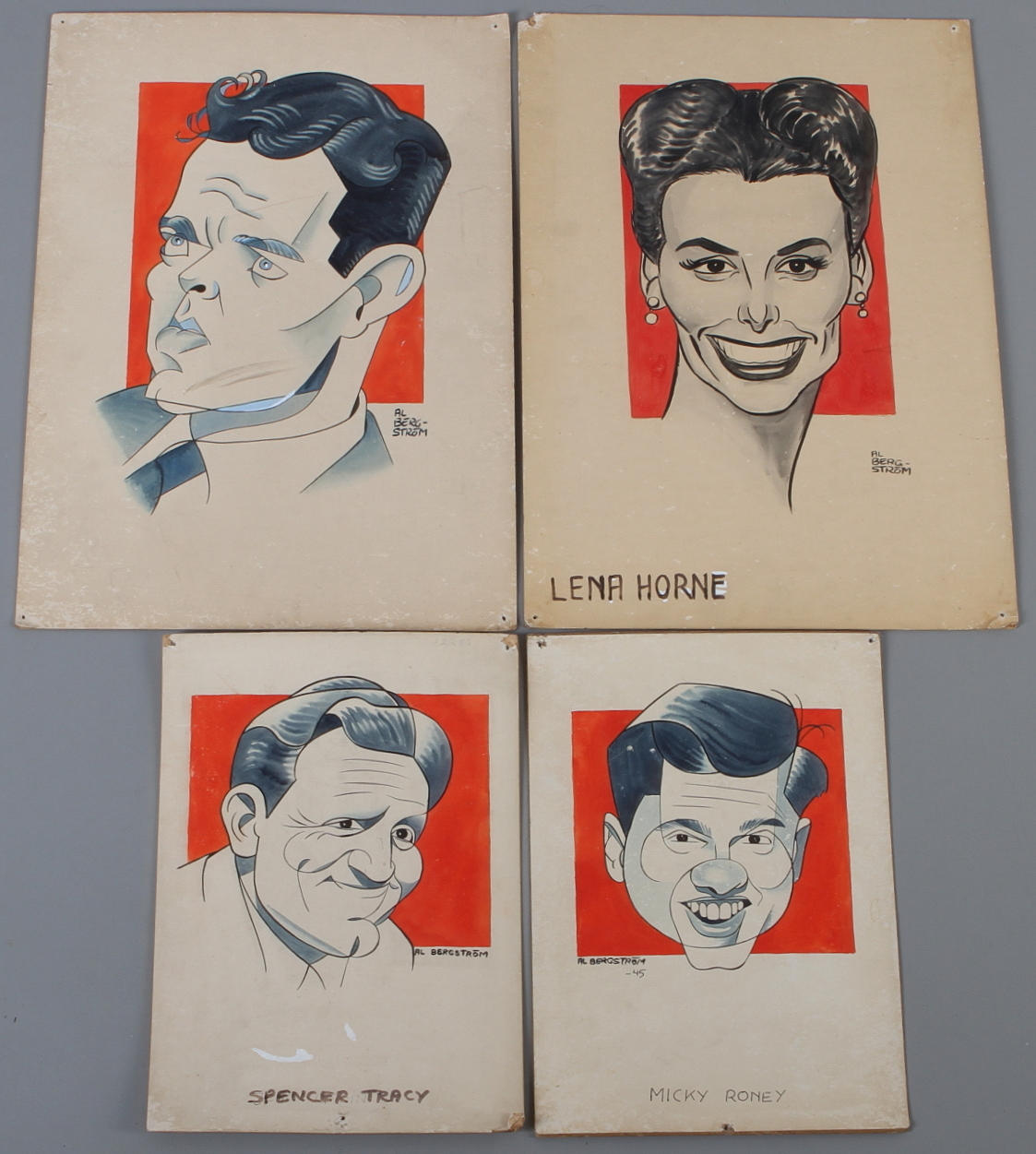 AL BERGSTRÖM. Karikatyrer över kända skådespelare, 4 st, blandteknik, signerade.
