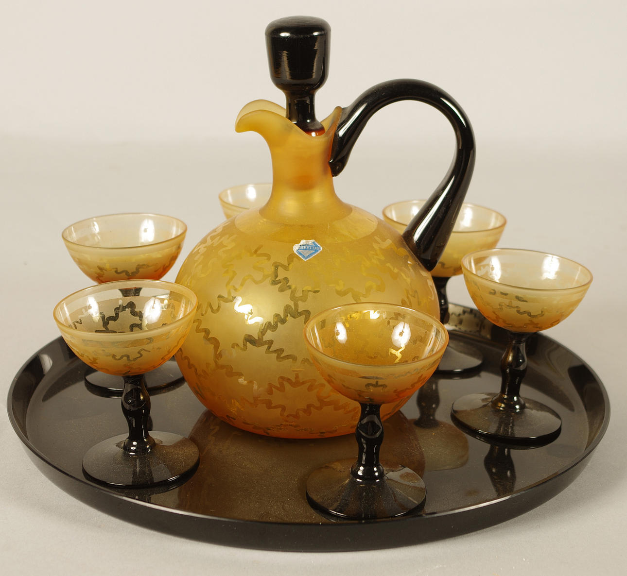 LIKÖRSERVIS, färgat glas, Engshyttan.