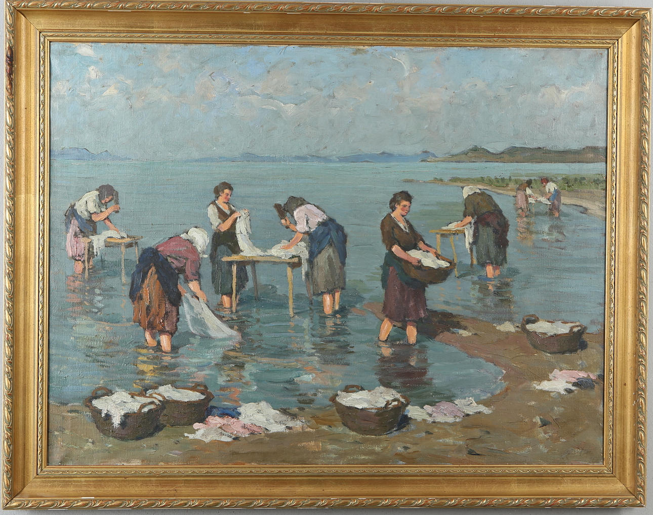FERENC GAÁL. Attributed to. Oil on canvas, washing shoes by the sea, first half of the 20th century.