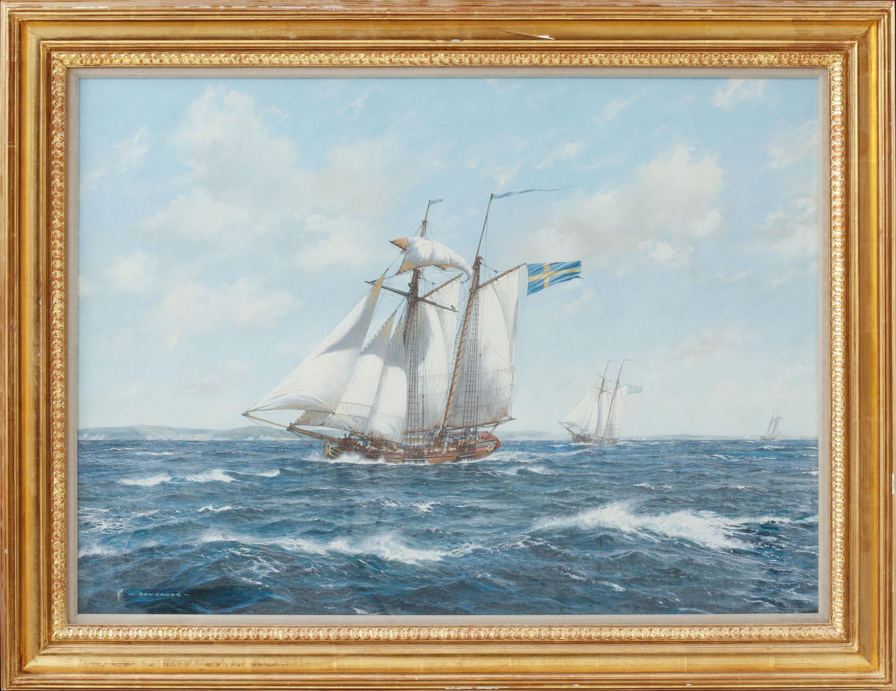 ROY CROSS. Swedish schooner. Gouache, signed.