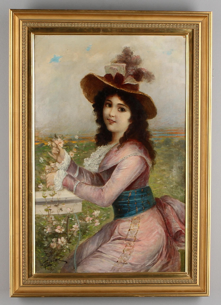 OKÄND KONSTNÄR. Dam med hatt, olja på duk, signerad, 1800/1900-tal.