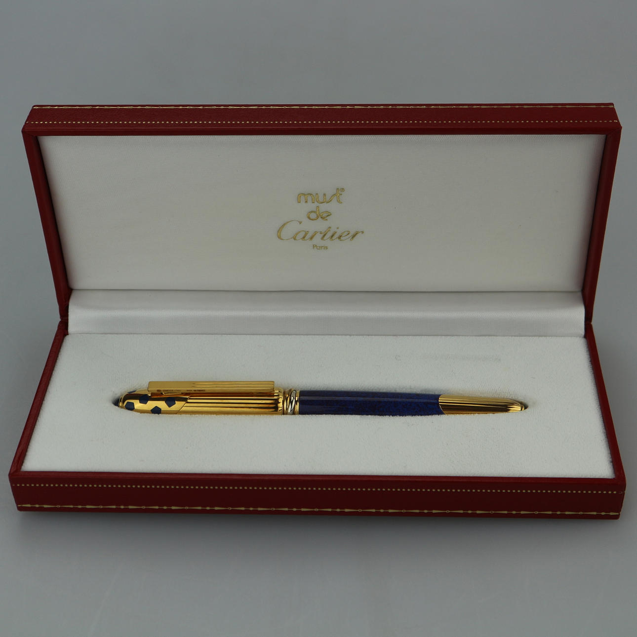 CARTIER MUST PANTHERE LAQ BLUE BALL POINT PEN 18K 750 GOLD