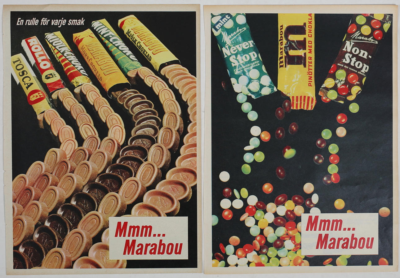 PARTI REKLAMTRYCK (4). Pommac, Ingrid Bergman, Mnn Marabou.