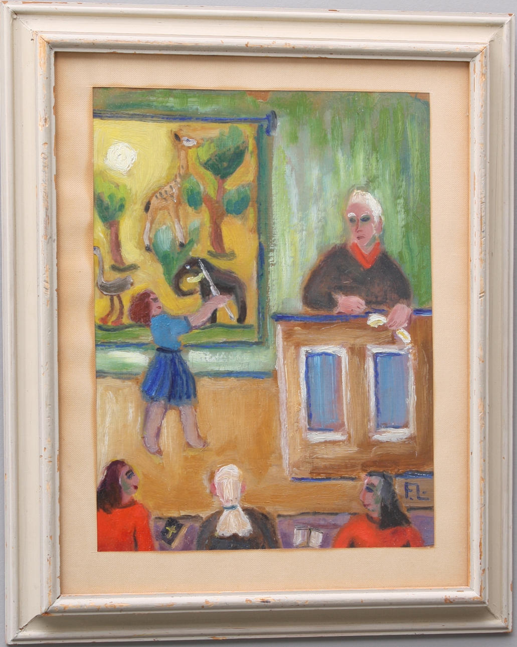 FRANS LARSSON. tavla, olja papp, signerad F.L., "Skolan".