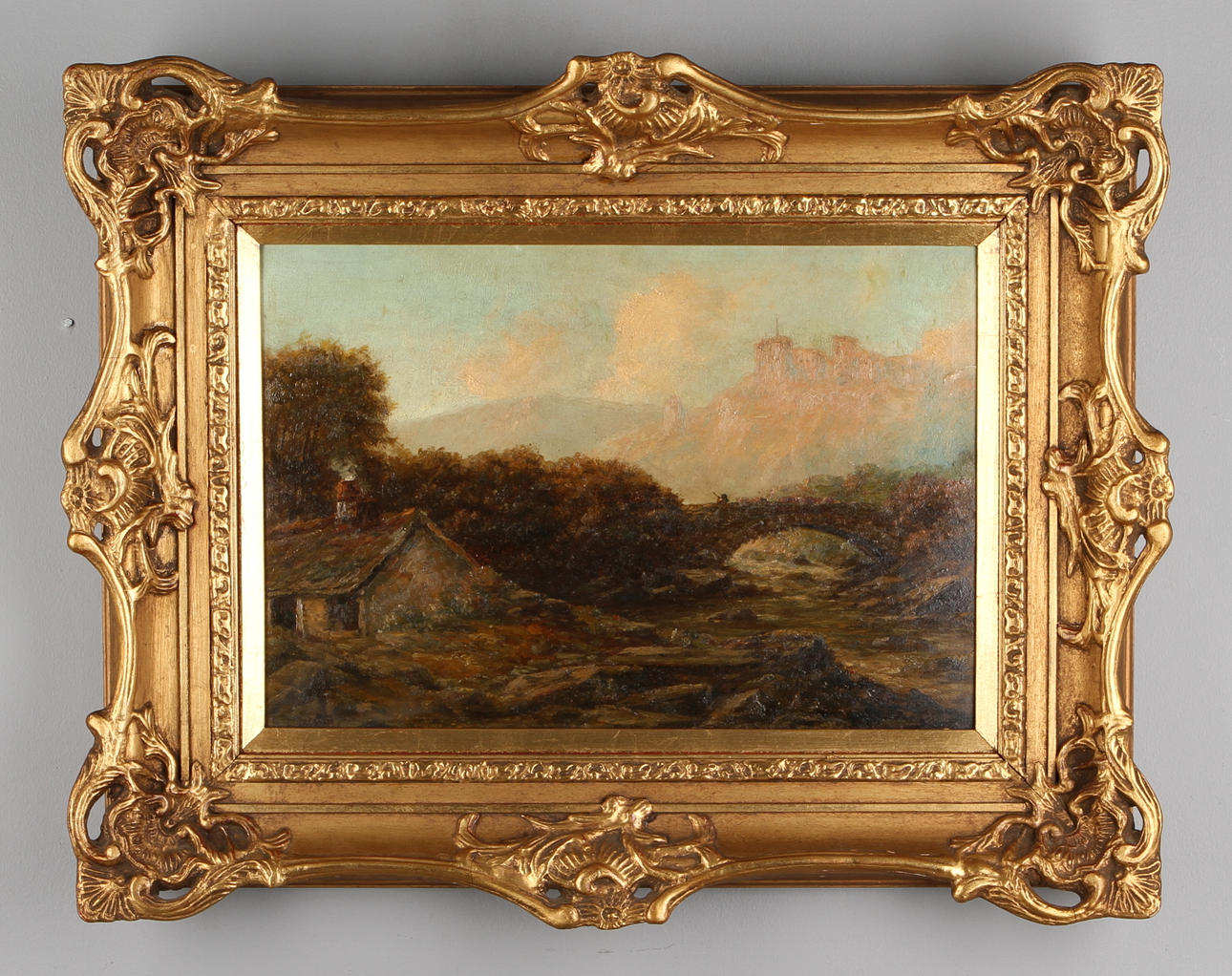 HARRY ARMSTRONG WHITTLE. Flod med bro och stuga, olja på pannå, signerad, 1800-tal.