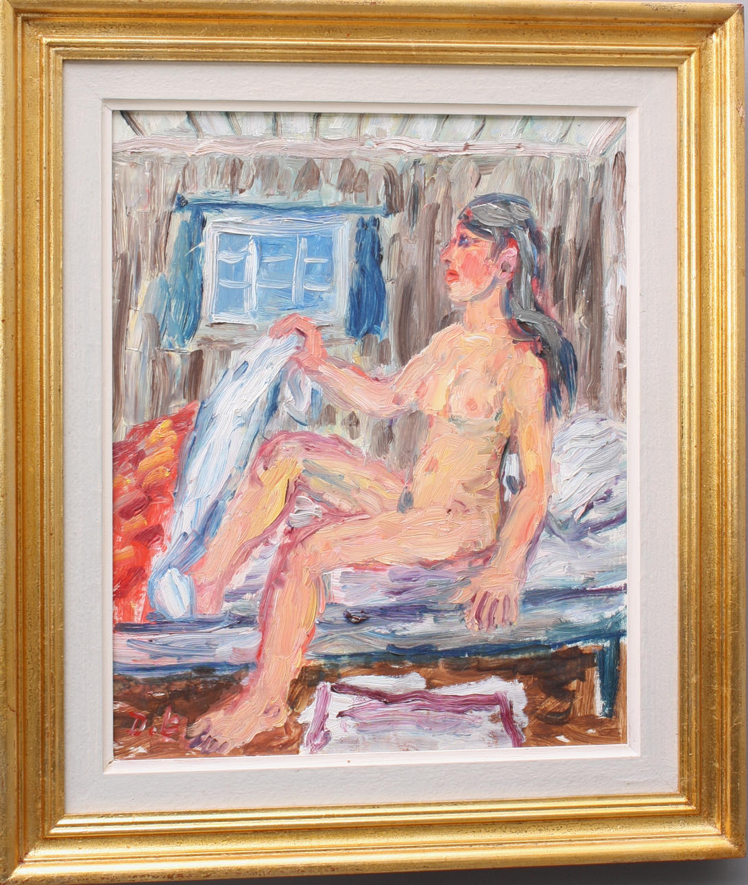 DAVID LARSSON. tavla, olja pannå, signerad D.L., "Sängdags naken kvinna".