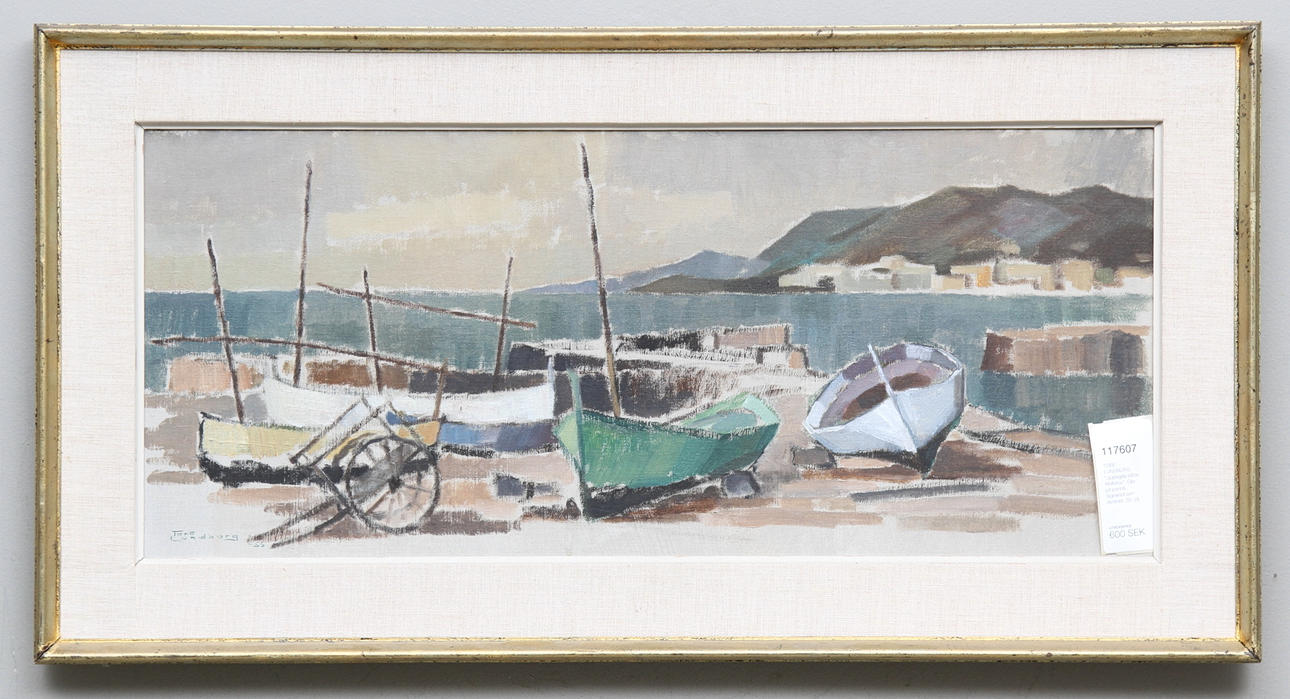 TORE LUNDBORG. "Upplagda båtar Mallorca". Olja på pannå. Signerad och daterad -56.