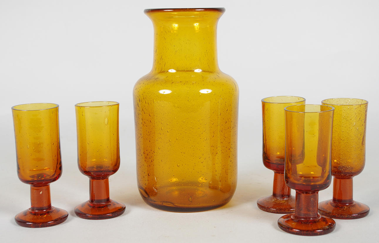 KARAFF SAMT 5 SNAPSGLAS, brunt glas, Erik Höglund.