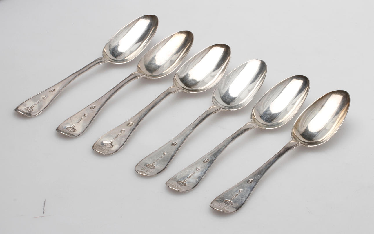 SKEDAR, 6 st, silver, Olof Grubb, Hudiksvall, 1802, vikt ca 360 gram.