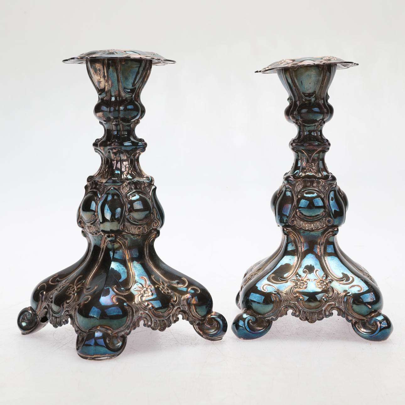 CANDLESTICKS, a pair, baroque style, nickel silver, GAB.