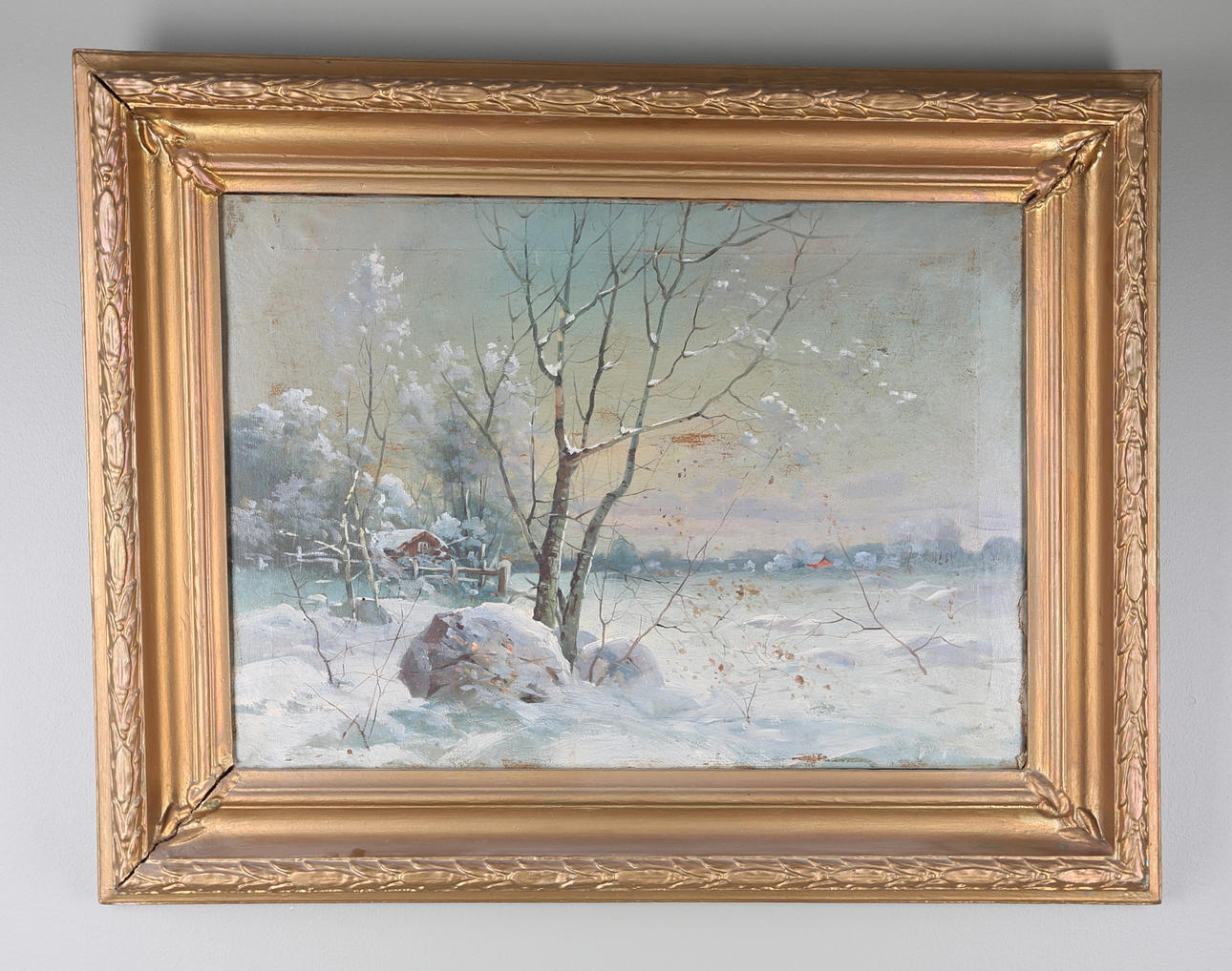 OKÄND KONSTNÄR. Vinterlandskap, olja på duk 18-1900 tal. Ej signerad.