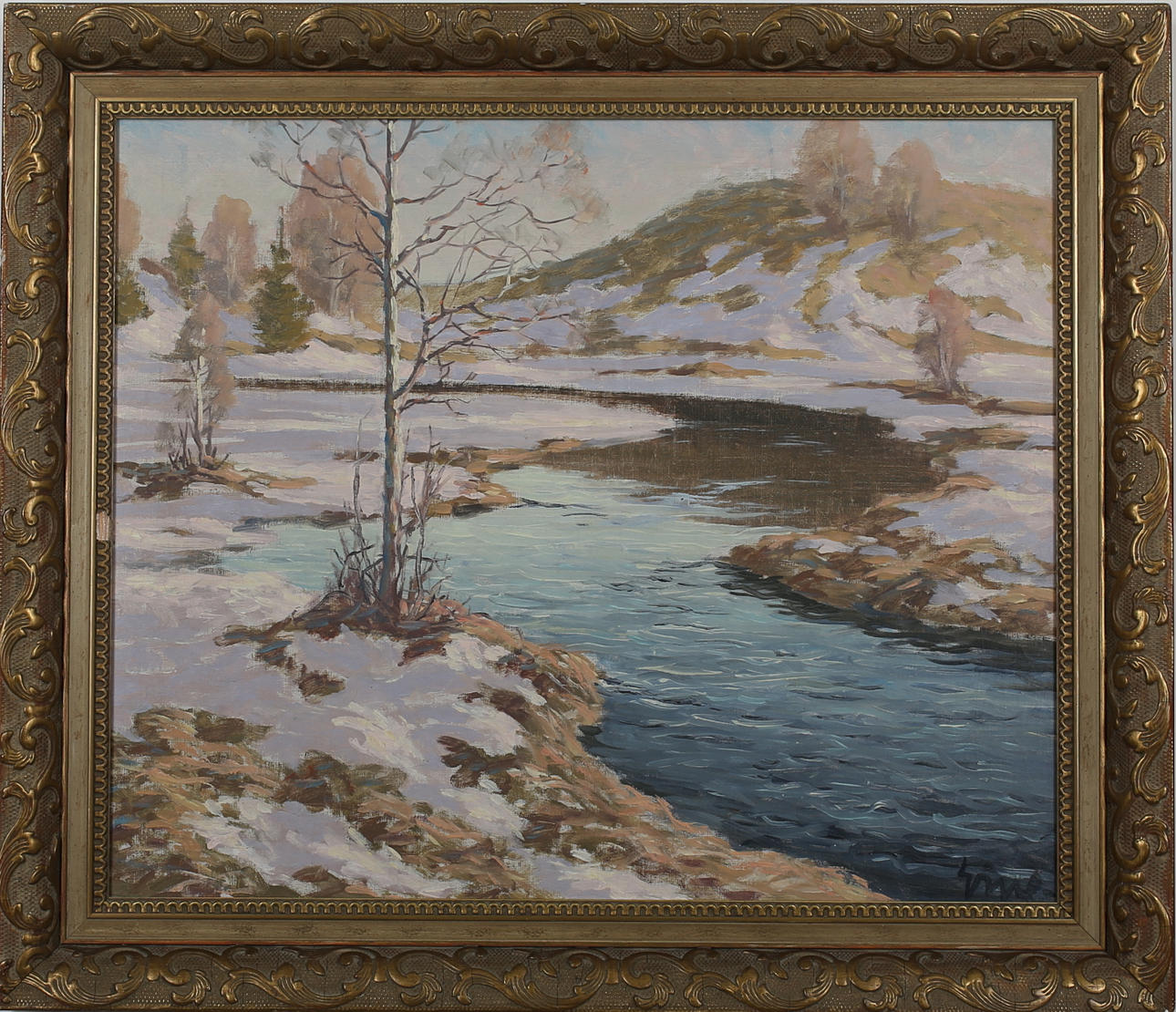 OIDENTIFIERAD KONSTNÄR. Vinterlandskap. Olja på duk. Signerad Erve.