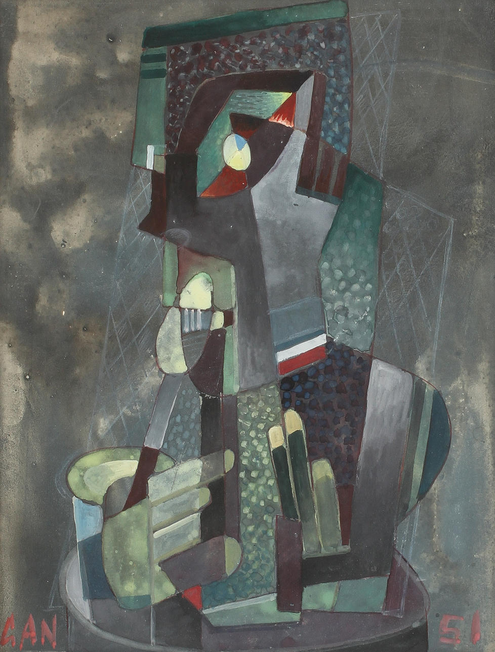 GÖSTA ADRIAN NILSSON GAN (1884-1965). Komposition med figur och sked. Gouache.