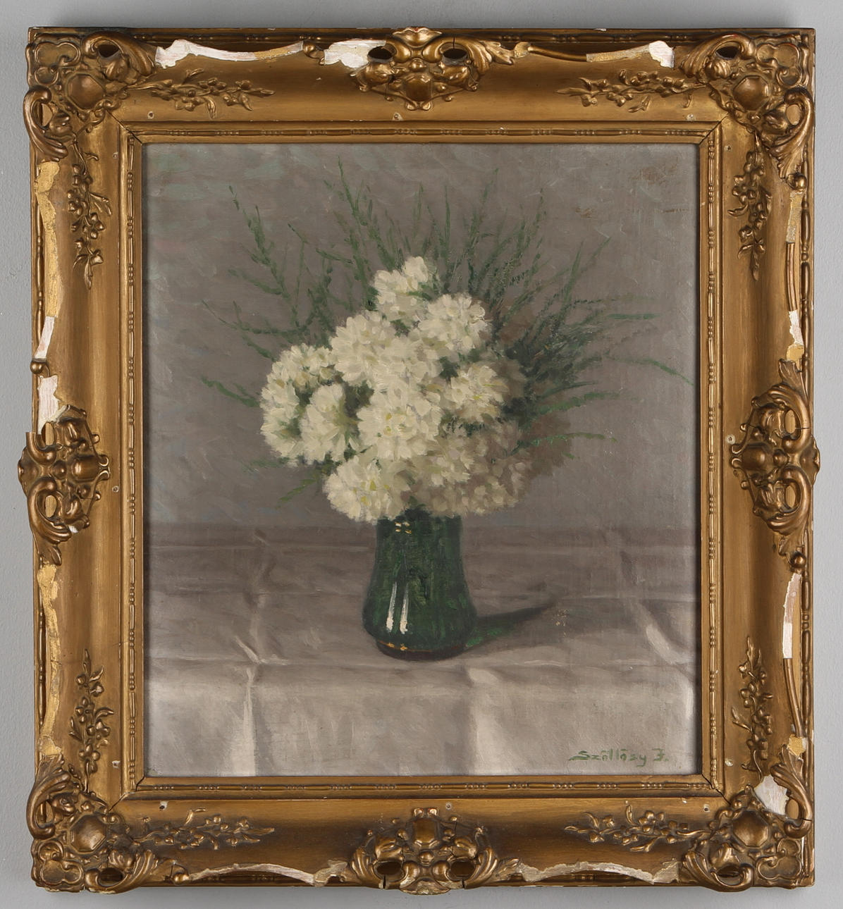 JANOS SZÖLLÖSY. Vita blommor i vas, olja på duk, signerad.