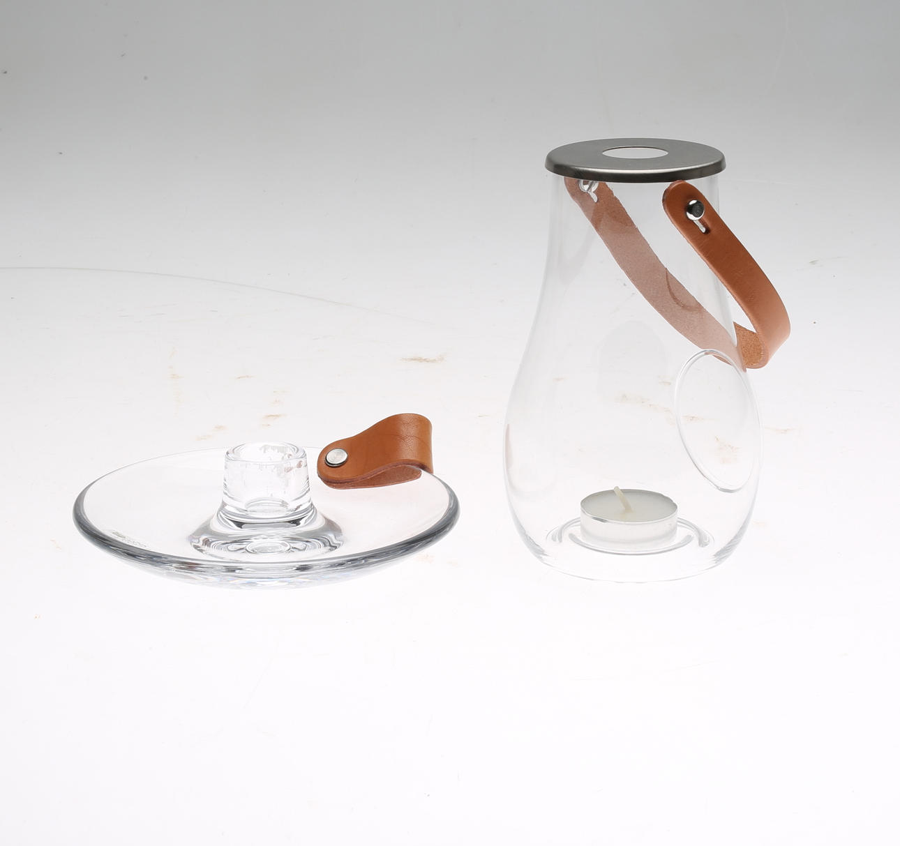 LANTERN AND CANDLE STICK, glass, Holmegaard, Denmark.