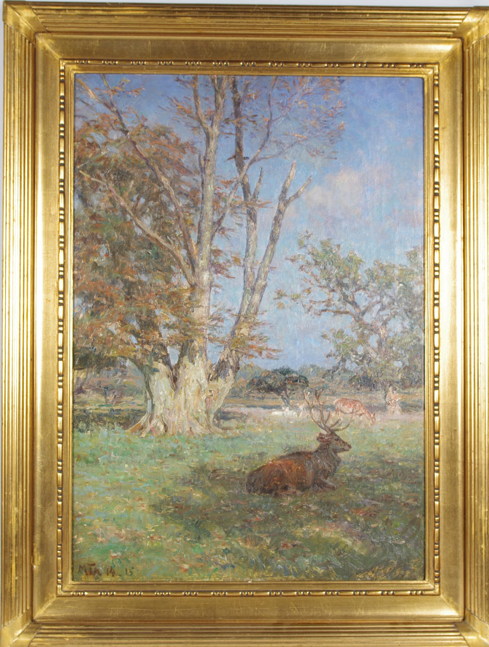 MICHAEL THERKILDSEN. vilande hjortar i sommarlandskap, olja på duk.