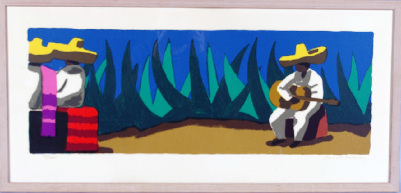 LARS NORRMAN. gitarrspelande mexikan, färglitografi.