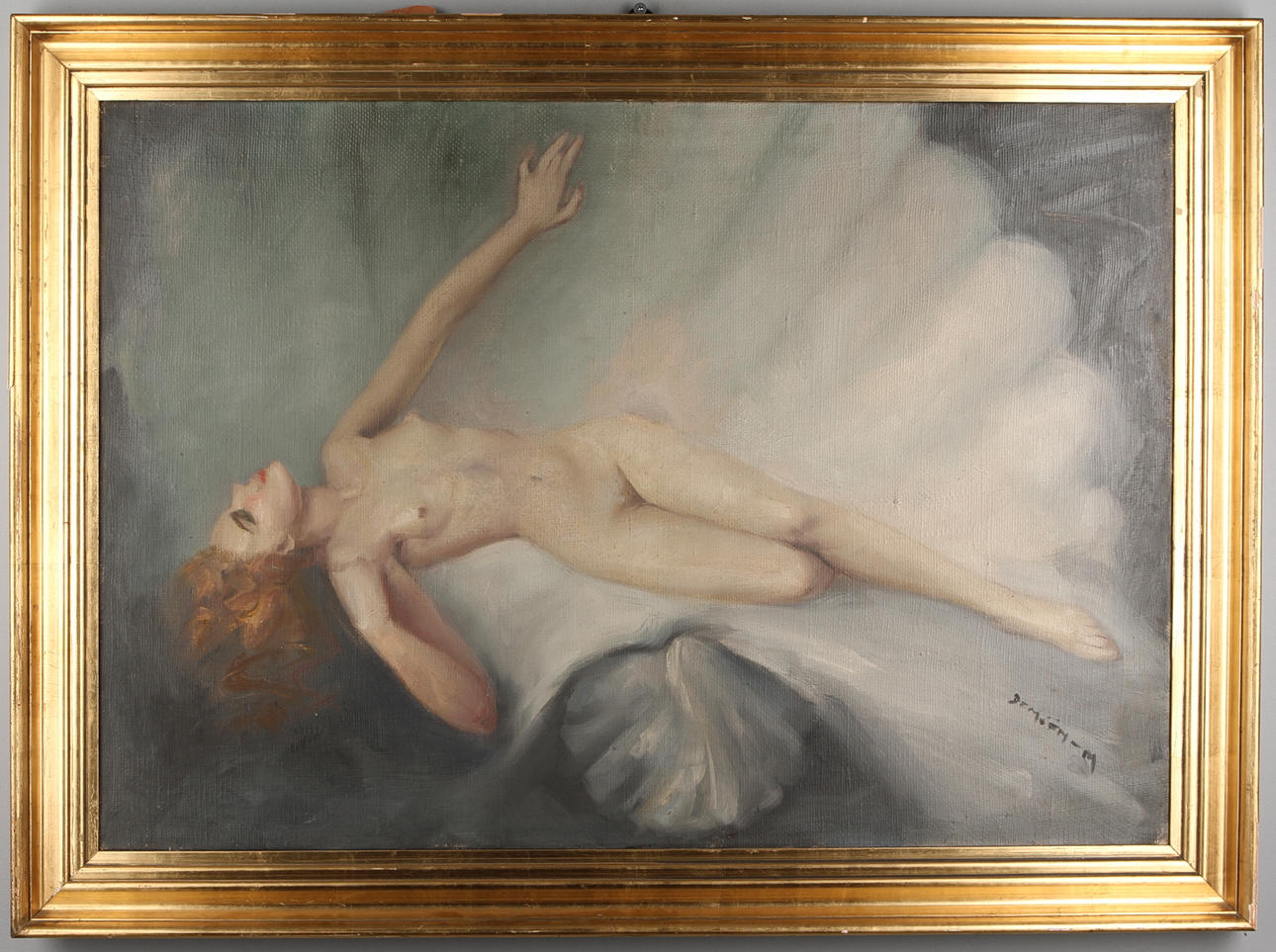 OKÄND KONSTNÄR. Naken kvinna, olja på duk, signerad.