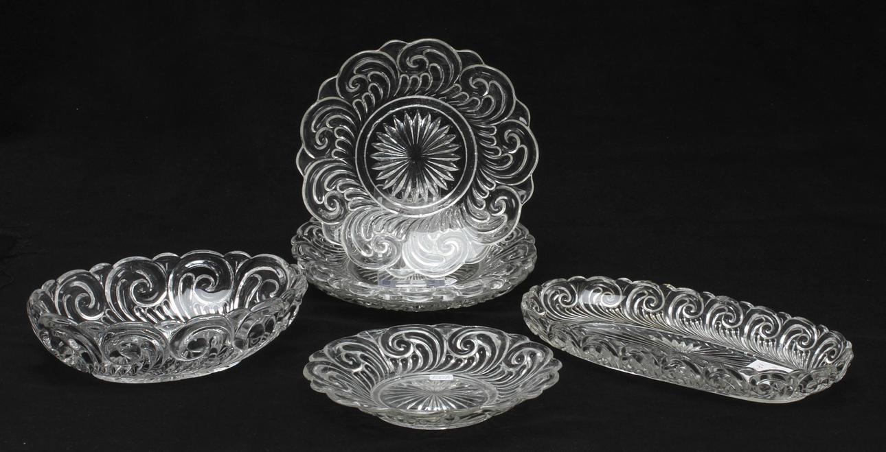 PARTI PRESSGLAS, 6 delar, Gryt samt Eda glasbruk, 1800/1900-tal.