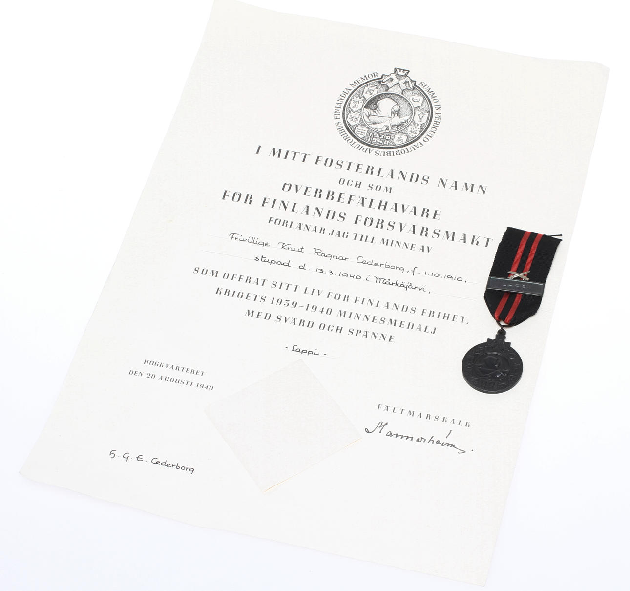 MINNESMEDALJ, Finland, 1939-1940.