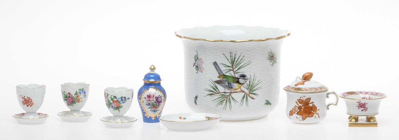 PARTI PORSLIN, 8 delar, Herend, Ungern, bland annat ytterfoder, 1900-tal.